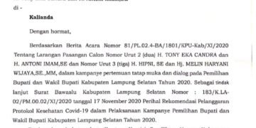 Melanggar Aturan, KPU Lamsel Kenakan Sanksi Pelarangan Kampanye Selama 3 Hari Kepada Paslon Nomor Urut Dua Dan Tiga