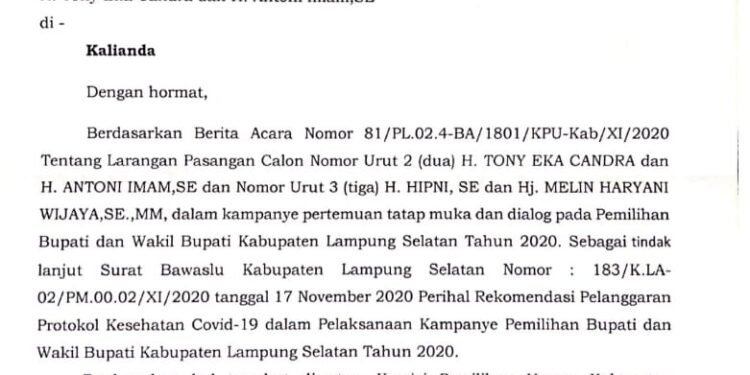 Melanggar Aturan, KPU Lamsel Kenakan Sanksi Pelarangan Kampanye Selama 3 Hari Kepada Paslon Nomor Urut Dua Dan Tiga