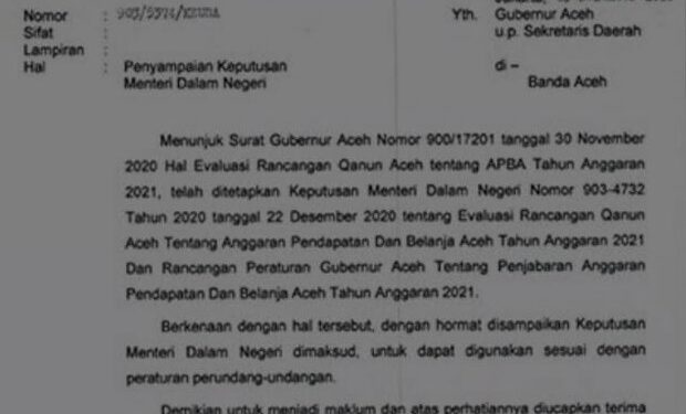 Kemendagri Larang Pokir DPRA Rp2,7 Triliun, Begini Bunyi Surat Evaluasi APBA 2021