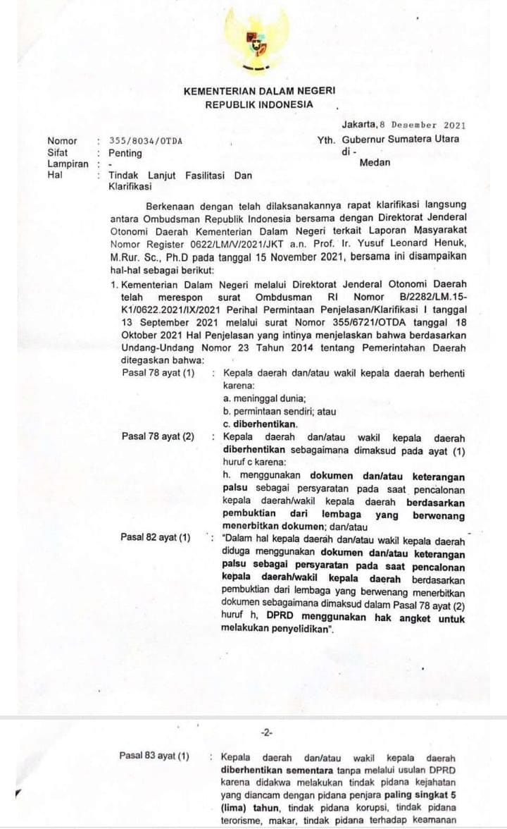 Inilah Surat lanjutan Dirjet Otda kementerian Dalam Negeri kepada Gubernur Sumatera Utara