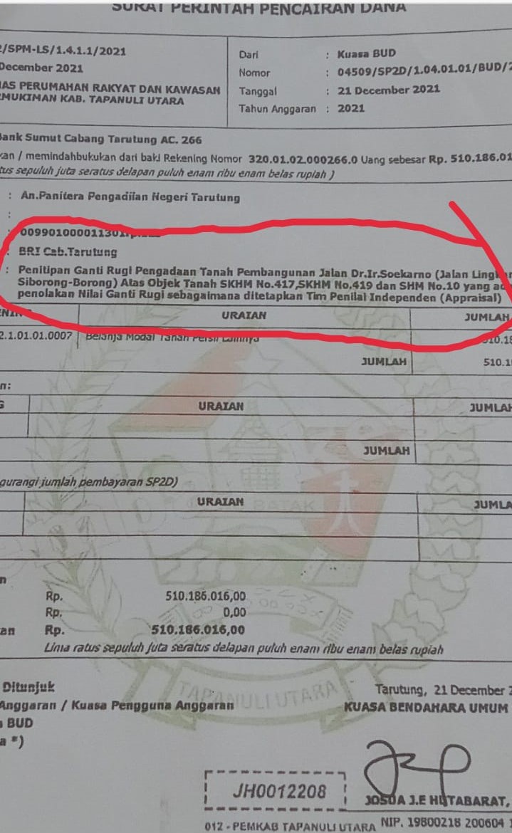 Bukti Surat Perintah Pencairan Dana (SPPD), Penitipan Ganti Rugi Pengadaan Tanah Pembangunan Jalan Dr Ir Soekarno (Jalan Lingkar Siborongborong) ke Pengadilan Negeri Tarutung