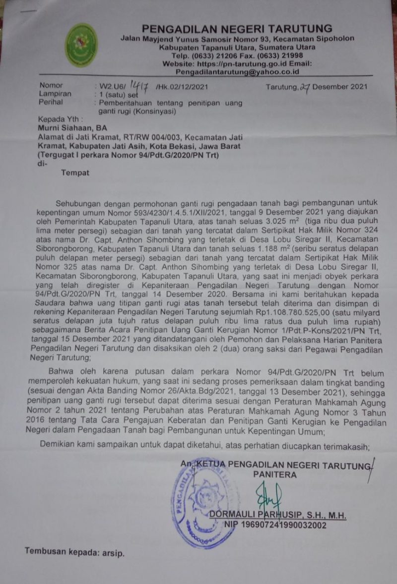 Surat Pemberitahuan PN Tarutung kepada salah satu pemilik lahan Murni Siahaan tentang Penitipan Uang Ganti Rugi (Konsinyasi)