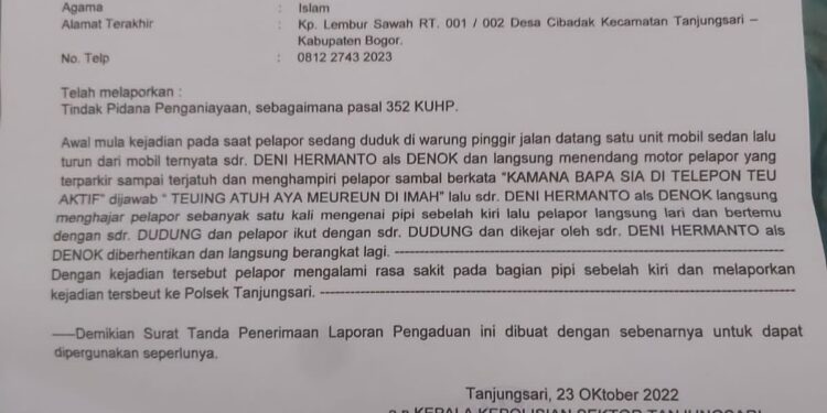 Korban Penganiayaan, Warga Desa Cibadak Kecamatan Tanjung Sari Lapor ke Polsek Tanjung Sari