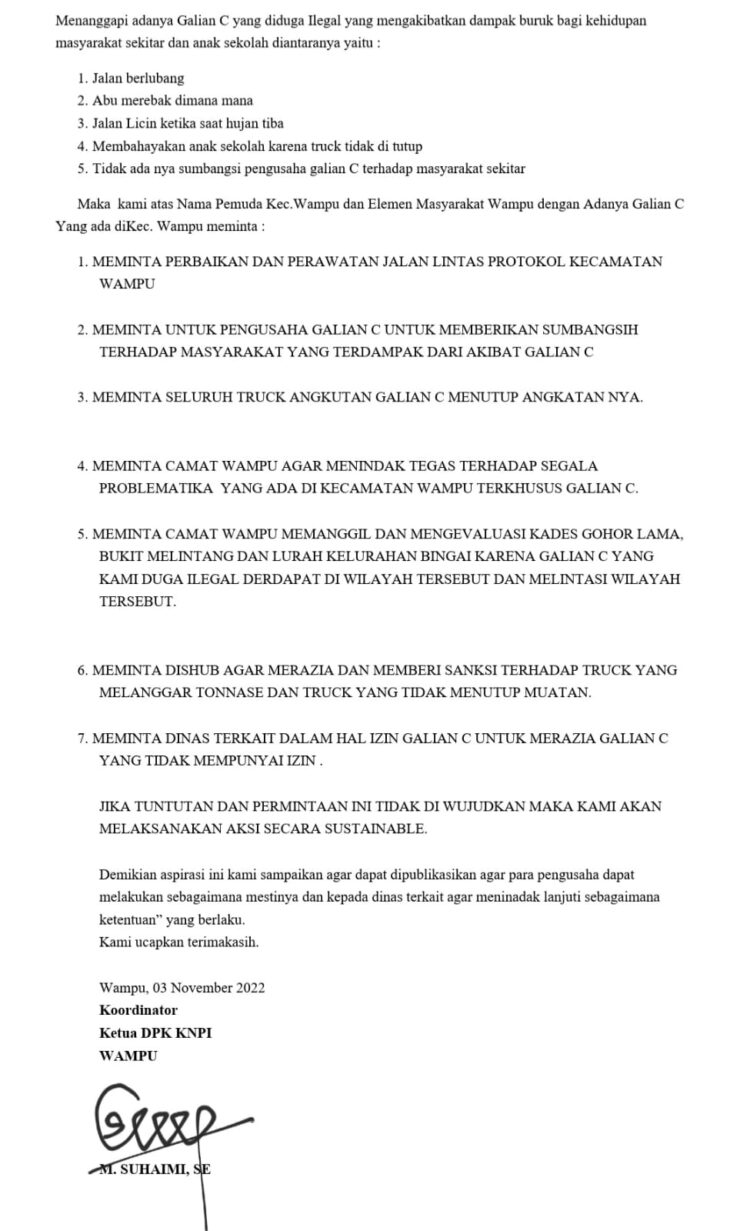 Jalan Rusak Parah Akibat Galian C, Masyarakat dan KNPI Wampu Protes