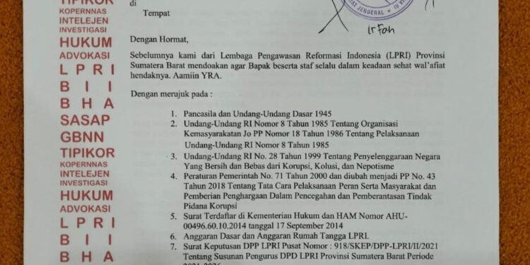 Surati Kemenkumham !! Kalapas Kelas II A Bukittinggi di Laporkan DPD LPRI Sumatera Barat