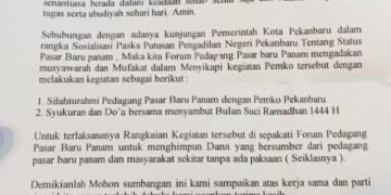 Memalukan..!! Pemko Pekanbaru Dicatut Minta Sumbangan Kepada Pedagang pasar Baru Panam