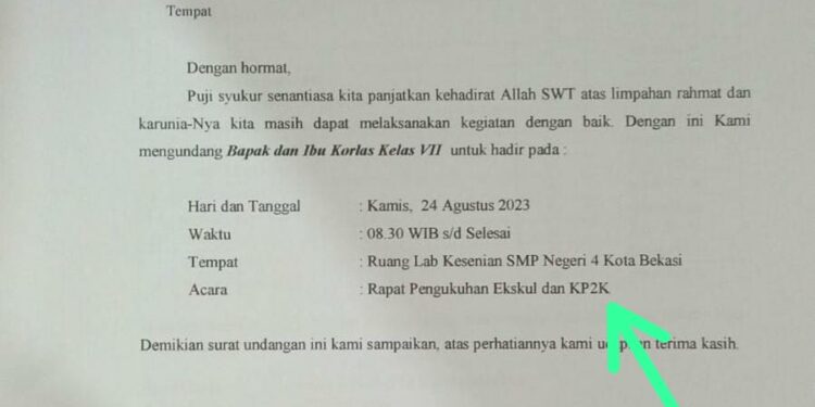 Kasek SMP Negeri 4 Bekasi Diduga Berkelit, sebut Pungutan Biaya KP2K tidak wajib.