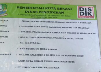 Dua Dinas Realisasikan Anggaran Kegiatan Proyek di SMP Negeri 33 Kota Bekasi.