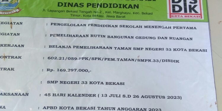 Dua Dinas Realisasikan Anggaran Kegiatan Proyek di SMP Negeri 33 Kota Bekasi.