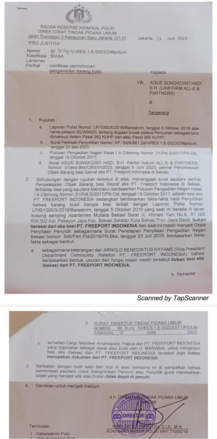 PT. Indoferro Diduga Ada Dibalik Hilangnya Besi Tua di Pekayon Sitaan Bareskrim Polri.