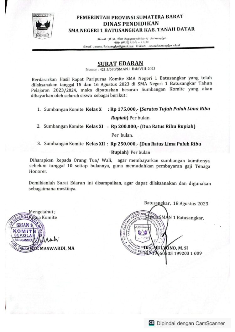 Surat Edaran Sumbang Komite SMA 1 Tanah Datar Sumbar, Berbau Pungutan