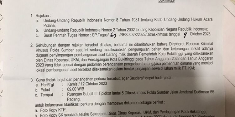 Terkait Temuan BPK RI Atas Sewa Lahan PT.KAI Di Bukit Tinggi, Penyidik Reskrimsus Polda Sumbar Telah Periksa Dua Orang Saksi Dan Selanjutnya Akan Panggil Saksi saksi Lainnya