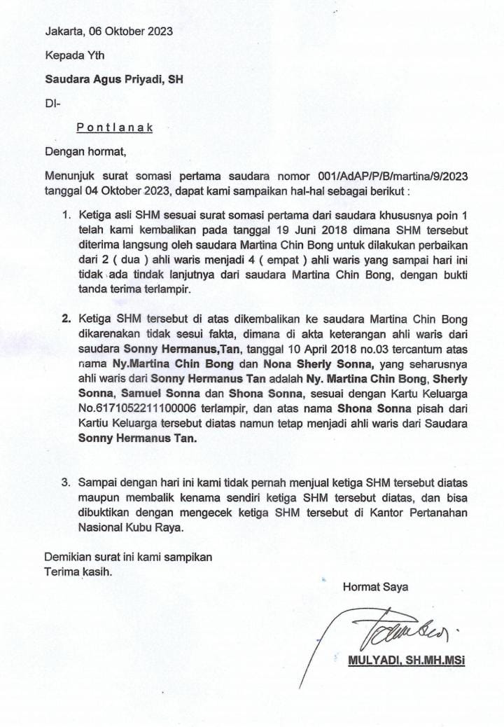 Jawaban Somasi Mulyadi Diduga Fiktif !! Martina Chin Bong Akan Lakukan Pelaporan 263 Pemalsuan Tandatangan