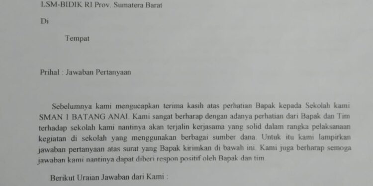 Kepsek SMA N.1 Batang Anai, Jawab Klarifikasi LSM BIDIKRI Dengan Surat Kaleng