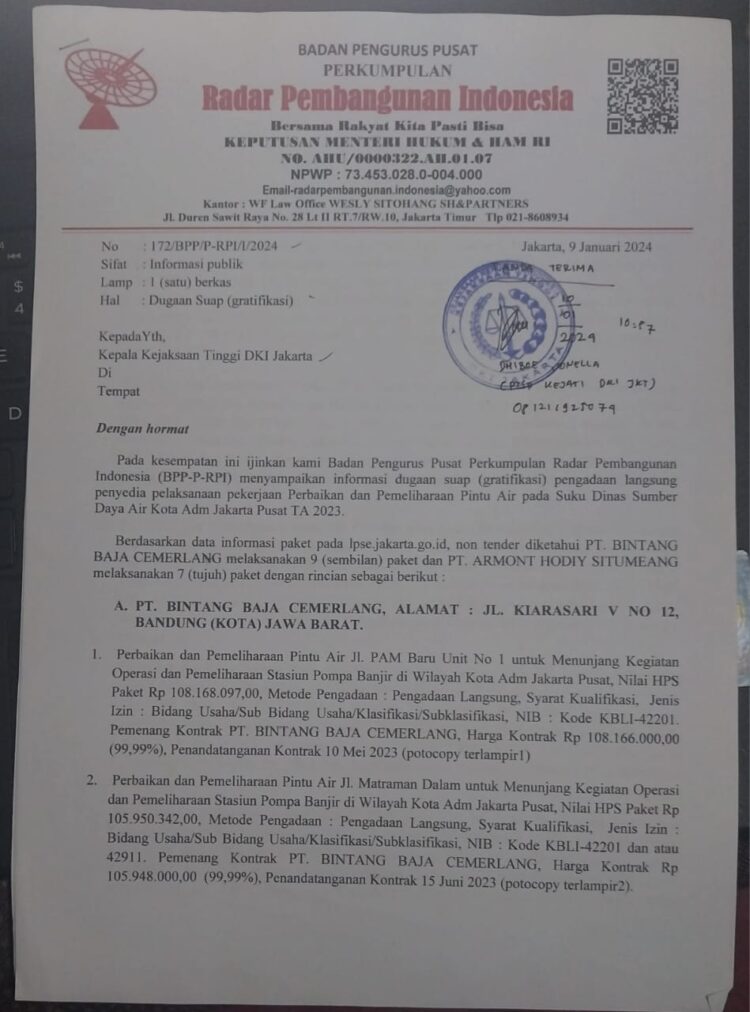 Perkumpulan Radar Pembangunan Indonesia Meminta Jaksa Agung RI Mendesak Kajati DKI Segera Menindaklanjuti Pengaduan Masyarakat.