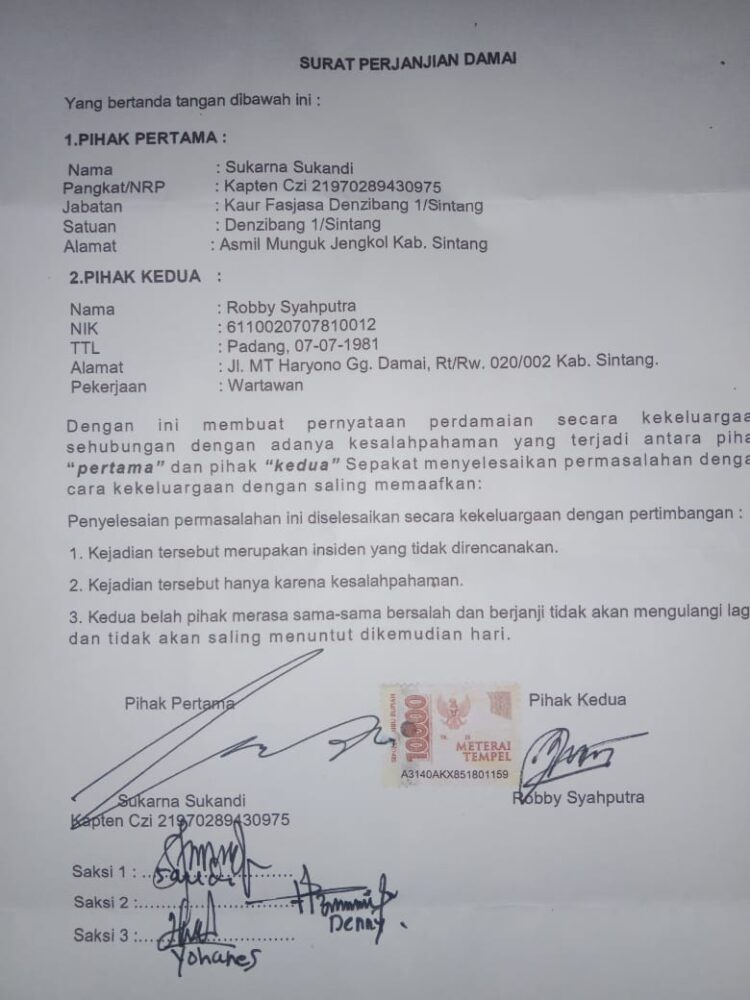 Terjadi Selisih Paham, Kasus Perkelahian Wartawan Dengan Oknum TNI, Berakhir Damai