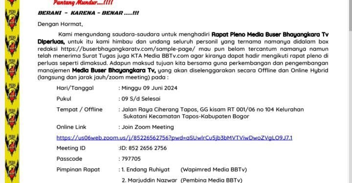 Demi Kesinambungan dan Tingginya Tuntutan Para Jurnalis Akhirya Tim Inti Manajemen Media Buser Bhayangkara.Tv Adakan Rapat Pleno Di Perluas Untuk Pembenahan Legalstending dan Pemerajaan Struktur Dalam Box Redaksi Media