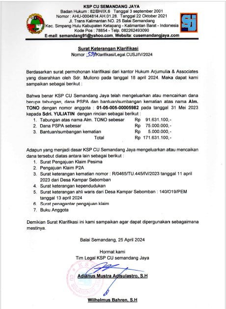 Diduga CU Semandang Jaya Cairkan Dana Nasabah Menggunakan Surat Ahli Waris Dengan Status Keponakan