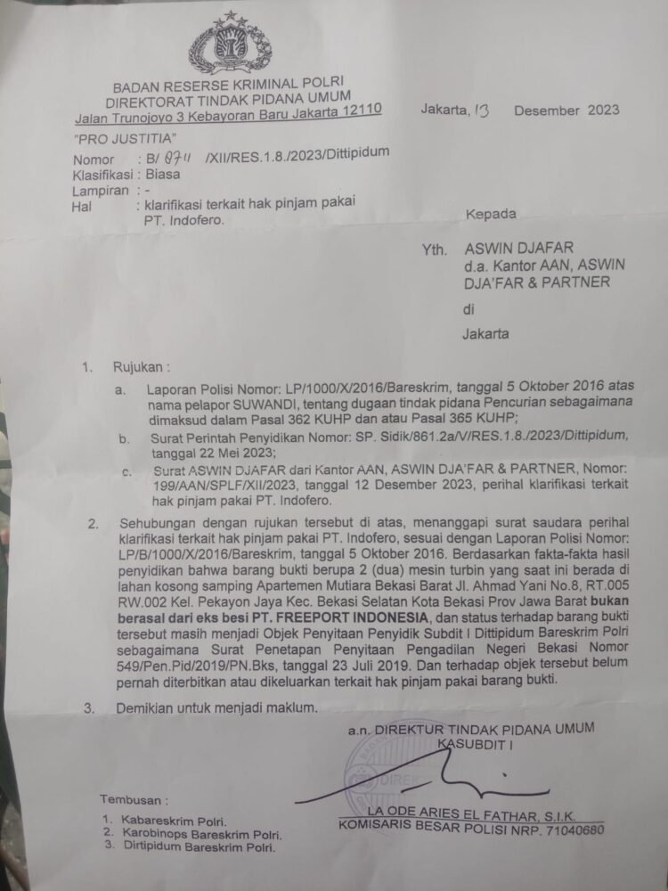 B/8711/XII/RES.1.8./2023/Dittipidum Tertanggal 13 Des 2023 Menjadi Surat Pertimbangan Aktifnya Hak Sita Bareskrim Polri Atas Unit Besi Besi Screb PT.Prifort Di Pekayon, Tangkap Dan Penjarakan (FN) Dalang Pencurian Barang Sitaan