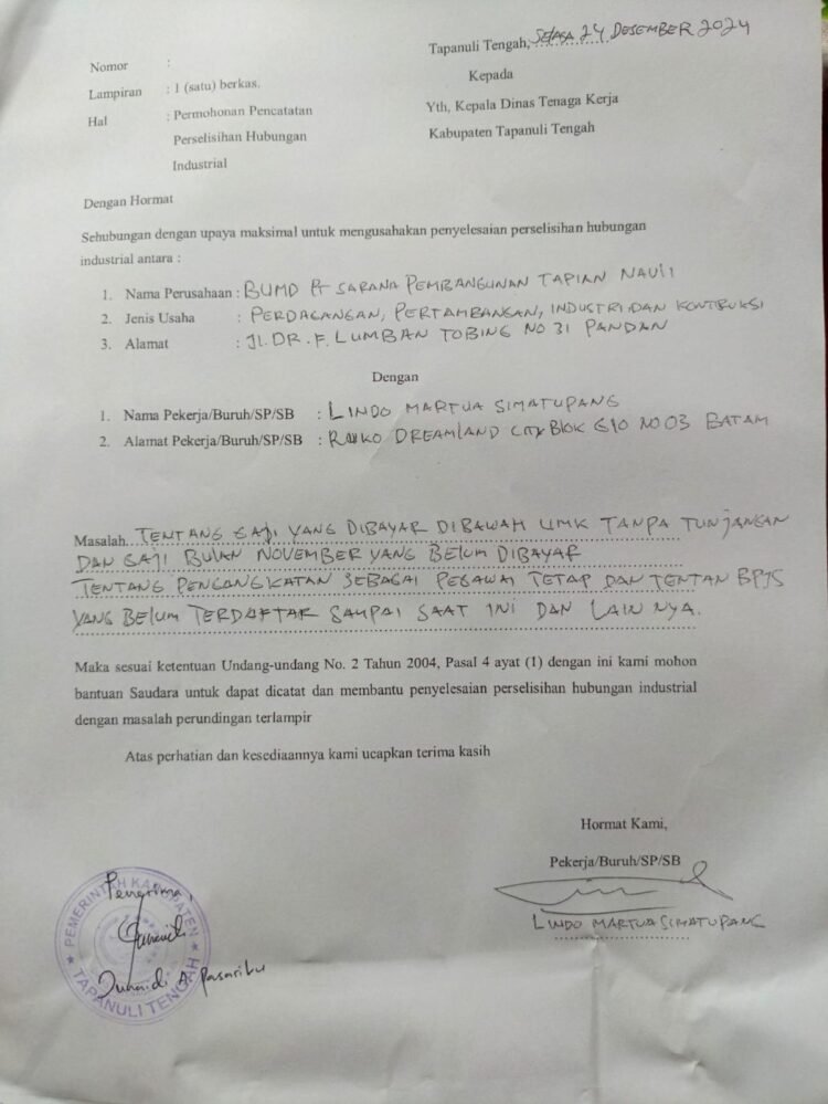 Lindo Lakukan Permohonan Perselisihan Ke Dinas Ketenagakerjaan dan Laporkan Pidana Ketenagakerjaan PT.SPTN – BUMD Kab.Tapteng Kepolda Sumut