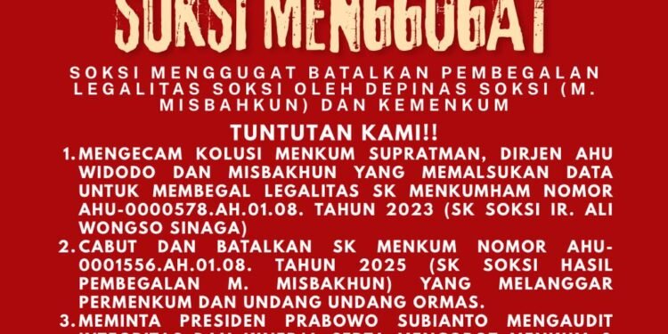 Sentral Organisasi Karyawan Swadiri Indonesia (SOKSI) Dibawah Kepemimpinan Ketua Umum Ir. Ali Wongso Sinaga Dengan Tegas Menolak Terbitnya SK Perubahan SOKSI yang Dinilai Cacat Hukum