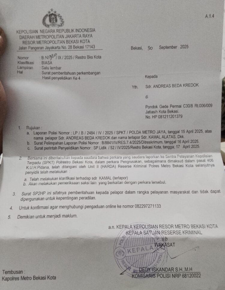 ‎Kasus Pengerusakan: Penyidik Polres Kota Bekasi Diduga Tidak Profesional