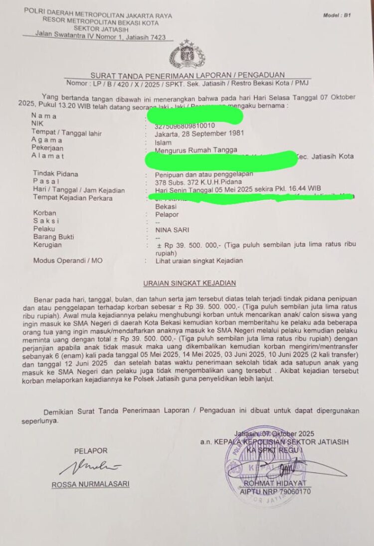 Terungkap, Oknum TU SMAN 6 Diduga Lakukan Praktek Perbuatan Tercela 378 Subs 372 K.U.H Pidana, Terlapor Di Mapolsek Jatiasih Polres Metro Bekasi Kota