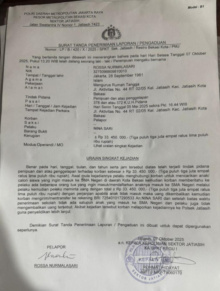 NINA SARI Oknum P3K Pemprov Jawa Barat Diduga GELAPKAN UANG Pendaftaran Siswa SMA NEGERI, Korban Lapor Ke Polsek Jatiasih